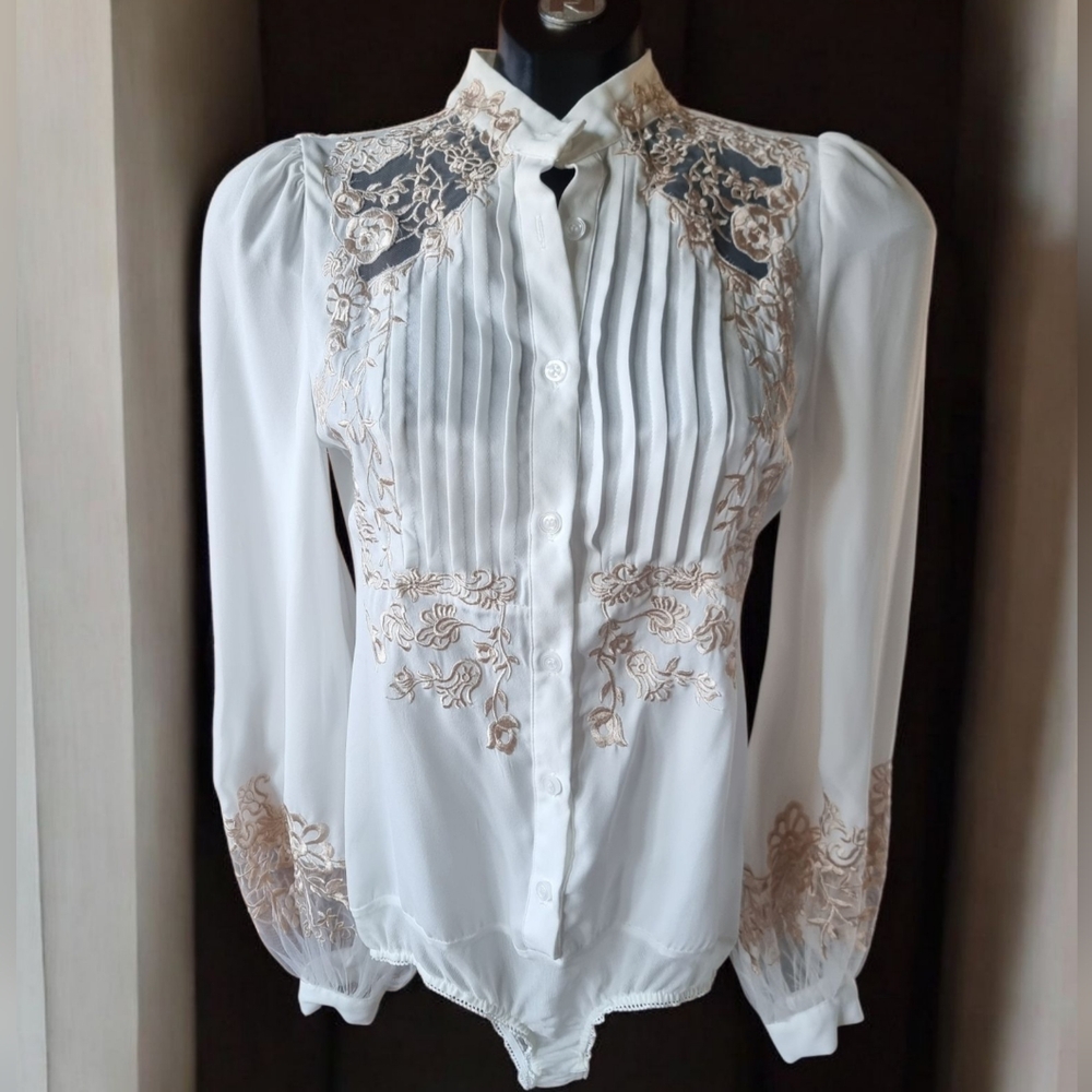 Jade & Cloud Silk Embroidery Elegant Ivory & Tan Bodysuit Blouse